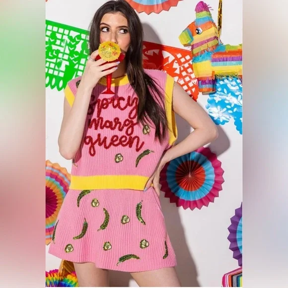 Queen of Sparkles Spicy Margarita Jalapeño Sequin Sweater Vest L NWOT - Picture 2 of 12